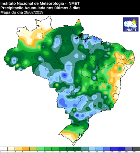 Mapa das áreas com precipitação acumulada nos últimos 3 dias - Fonte: Inmet